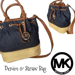 Michael Kors MK Denim Jean Straw Drawstring Bag